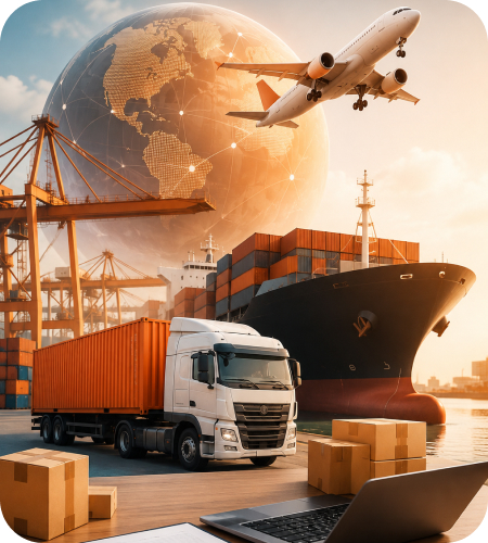 Cargo ship, airplane, freight delivery truck, and shipping containers in front of a glowing digital globe representing Importer Exporter Code (IEC) registration