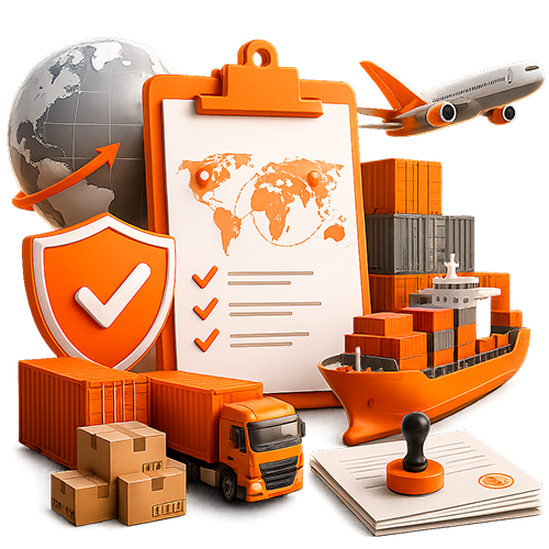 3D illustration of an IEC registration clipboard document with world map, security shield, airplane, cargo ship, transport truck, and cardboard boxes representing hassle-free Importer Exporter Code filing