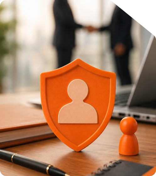 Orange director profile security shield icon, wooden peg figure, and pen on an office desk next to a laptop with business professionals shaking hands in the background representing DIN registration in India