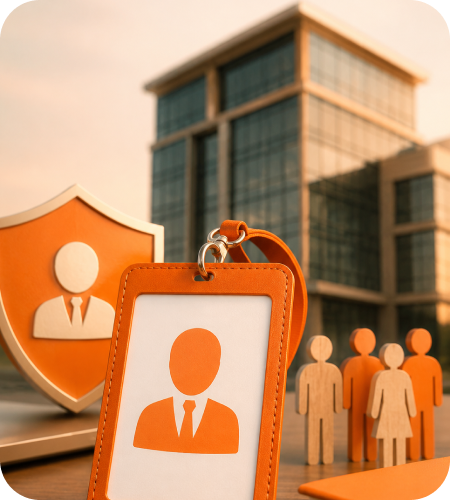 3D illustration of an ID badge card, director security shield icon, corporate peg figures, and modern commercial office building representing DIN registration in India