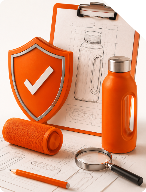 3D illustration of an orange bottle product design blueprint on a clipboard, magnifying glass, orange shield icon with checkmark, and a bottle prototype representing design registration in India