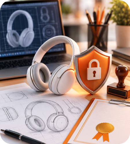 3D illustration of white headphones product design blueprint sketch, physical headphones model, orange lock protection shield, and legal certificate representing design registration in India
