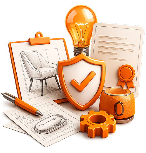 3D illustration of an armchair product blueprint sketch on a clipboard, glowing light bulb, orange checkmark protection shield, documents, pen, and gears representing quick design registration in India