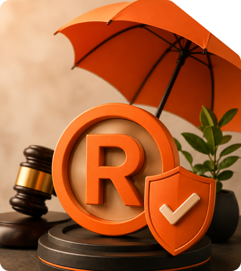 3D registered trademark symbol (®) protected under an orange umbrella with a legal checkmark shield and judge's gavel representing online trademark renewal in India