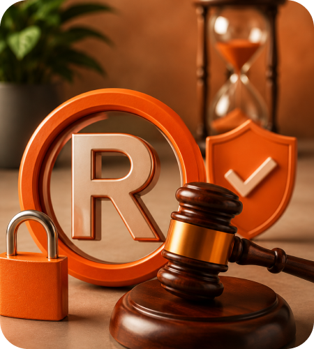 3D registered trademark logo symbol (®) with an orange padlock, judge's legal gavel, hourglass, and checkmark shield representing trademark renewal in India