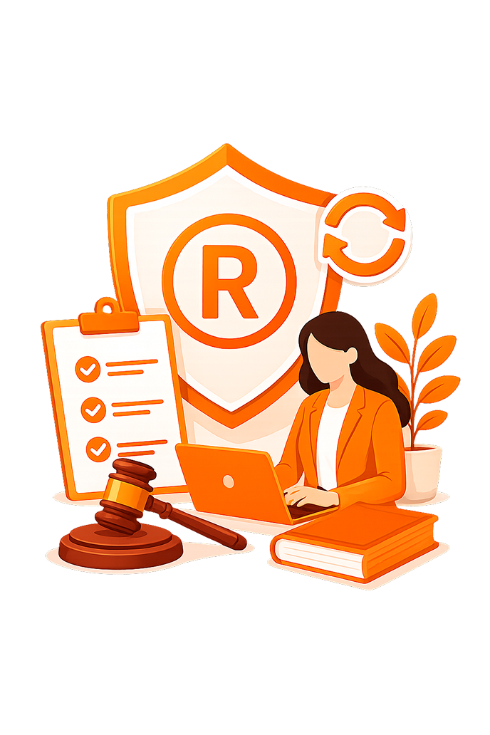 Vector illustration of a female legal expert working on a laptop next to a registered trademark symbol shield (®), circular renewal arrows, compliance clipboard checklist, and judge's gavel