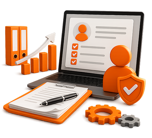 3D illustration of a laptop screen displaying director profile compliance, a document clipboard with a pen, growth bar chart folders, gear icons, and a director protection shield for fast DIN registration