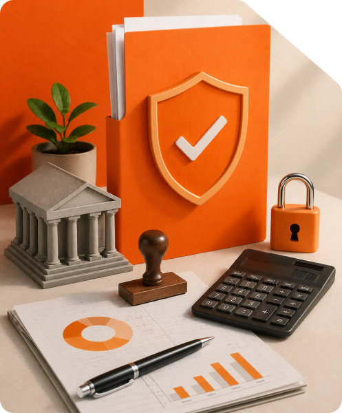 Orange folder with checkmark shield icon beside a bank model, rubber stamp, calculator, and financial chart paper
