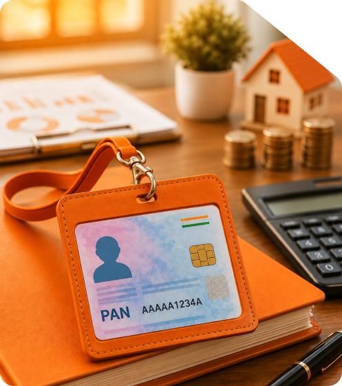 Indian PAN card with ten digit alphanumeric code in an orange leather holder on an office desk