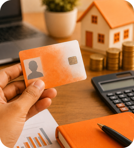 Person holding a smart PAN card over a desk with calculator and house model for tax registration in India