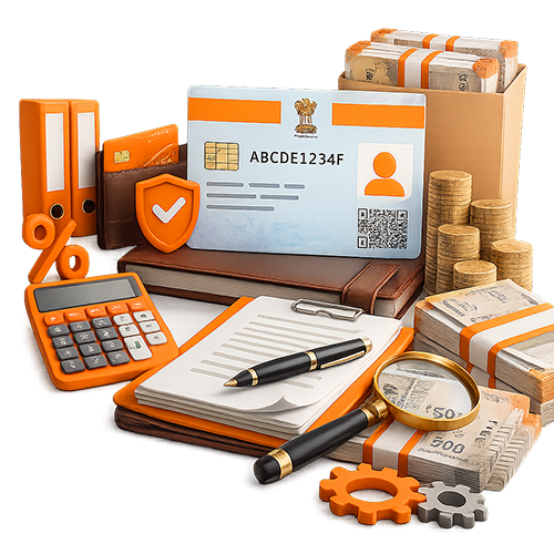 3D Indian PAN card specimen beside calculator, document clipboard, magnifying glass over money, and orange gears
