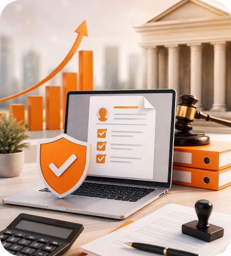 Laptop displaying TAN application checklist next to an orange checkmark shield, calculator, legal gavel, and bank building