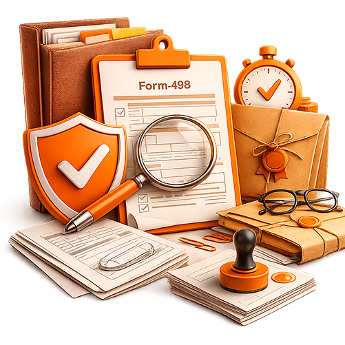 Form 49B TAN application clipboard with orange verification shield, magnifying glass, official stamp, and clock