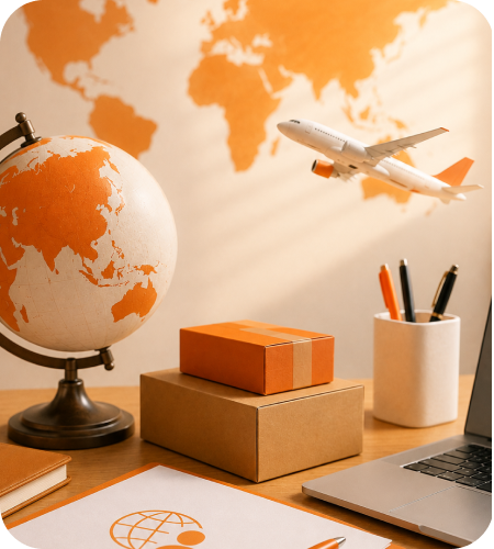 Desktop globe with miniature commercial airplane flying over shipping cargo boxes for non-resident GST registration in India