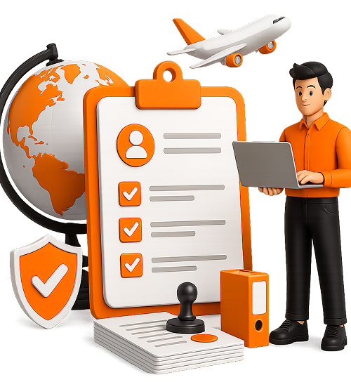 3D professional working on laptop next to an NRTP GST checklist clipboard, verified shield emblem, desktop globe, and airplane