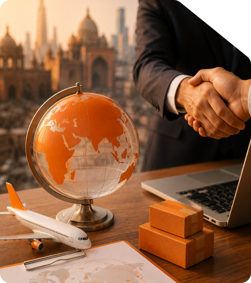 Business professionals shaking hands across desk with globe, model airplane, and shipping boxes for GST registration for foreigners in India