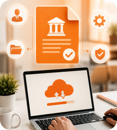 3D illustration of a open laptop screen displaying cloud upload sync, government compliance document folder, profile user icon, setting gear, and verified checkmark badge representing GST migration registration