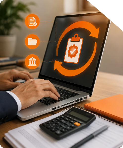 Business professional working on a laptop with a calculator and notebook, featuring orange compliance icons and circular migration arrows representing online GST migration in India