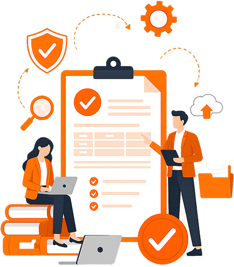 Vector illustration of business experts managing a GST compliance checklist clipboard, cloud upload, magnifying glass, orange shield icon, and laptop for online GST migration assistance