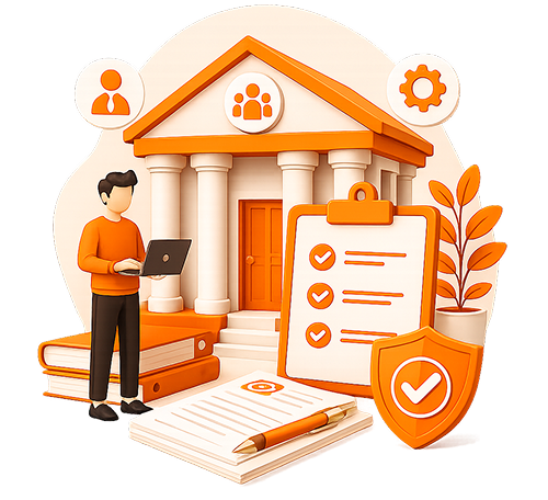 3D professional working on laptop in front of a government building model, checklist clipboard, and verified shield