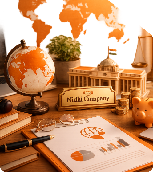 Wooden Nidhi Company nameplate in front of a government building model with a piggy bank, coins, legal scales, and world map