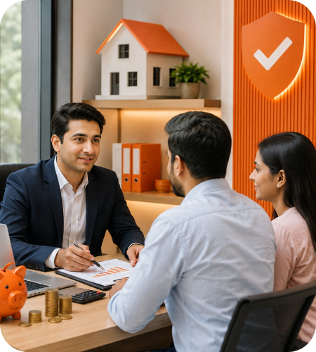 Financial consultant in a suit advising a couple at a desk with piggy bank, coin stacks, and house model