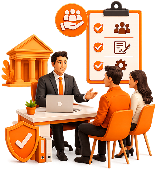 3D illustration of business consultants in an office consultation meeting with a client, featuring a government building, orange compliance checklist clipboard, and verified protection shield badge representing Section 8 company registration support