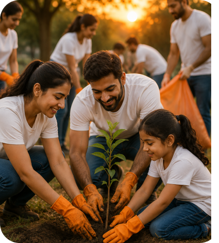 Volunteers planting a sapling tree and picking up litter outdoors representing community social work, non-profit activities, and Section 8 company registration in India