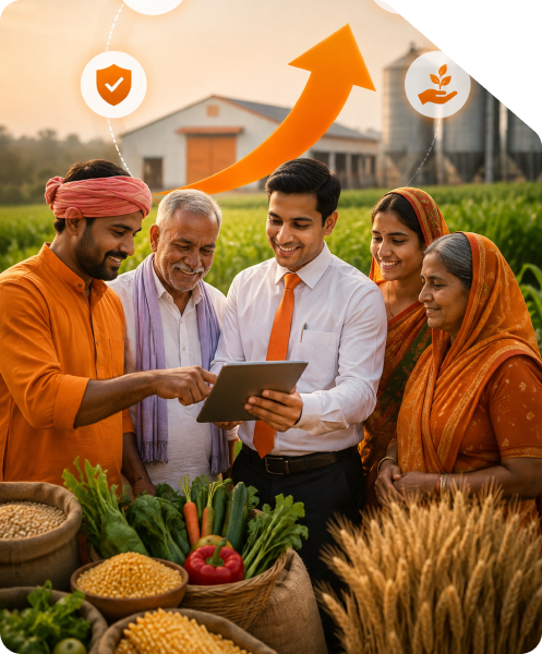 Business consultant guiding a group of Indian farmers and primary producers using a digital tablet, with agricultural icons and growth arrow overlay