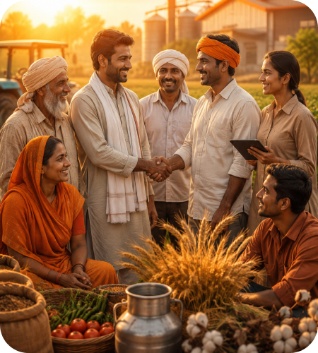 Group of Indian farmers and agricultural producers shaking hands in a farm field surrounded by harvested crops and farming equipment