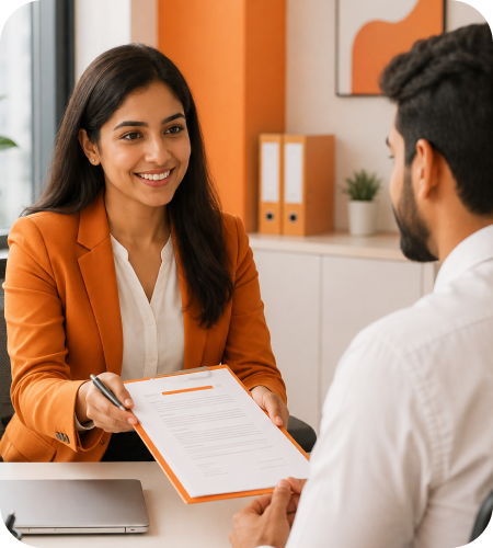Female HR professional presenting an official employment appointment letter in an orange document folder to a job applicant