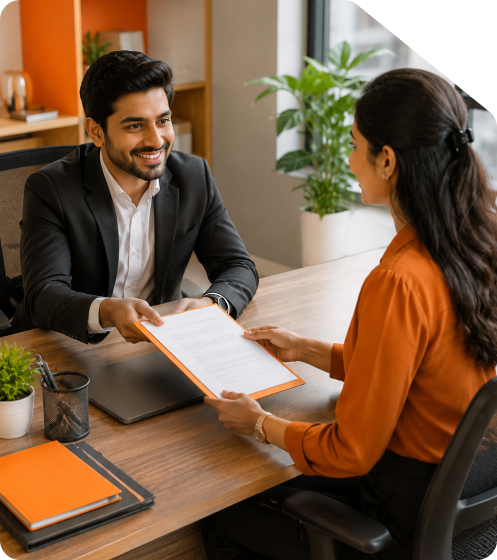 HR manager handing over an official job appointment letter document to a new employee across an office desk