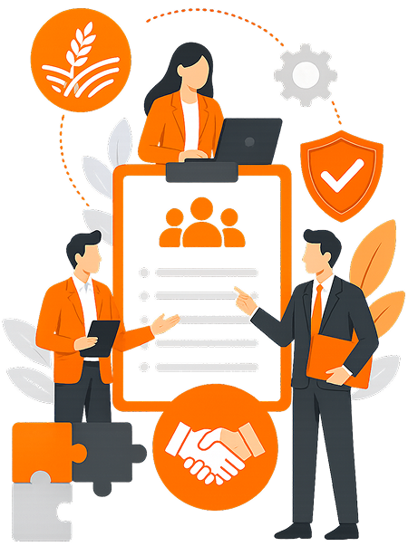 3D illustration of legal consultants discussing producer company registration, featuring an orange compliance clipboard, agricultural sprout badge, puzzle pieces, handshake icon, and verified checkmark shield