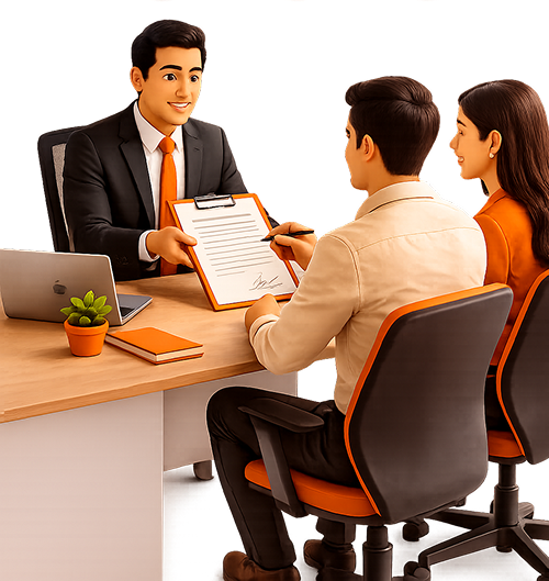 3D illustration of an HR manager presenting a signed appointment letter on a clipboard to a candidate across an office desk