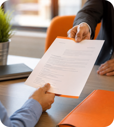 HR manager handing over an official job offer letter document on an orange folder to a job applicant across a desk