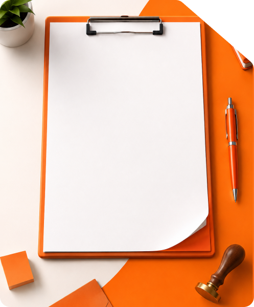 Blank job offer letter document on an orange clipboard with an official wax seal stamp and pen on an office desk