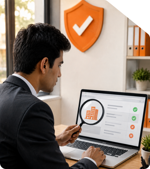 Business legal consultant checking MCA company name availability and trademark database search on a laptop with an orange compliance shield badge