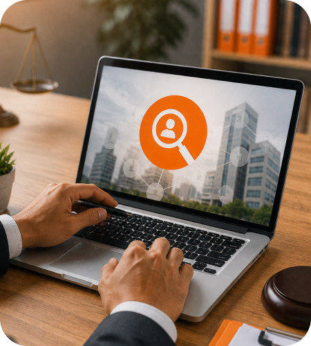 Legal consultant performing online company name availability search and trademark check on a laptop with an orange compliance shield badge