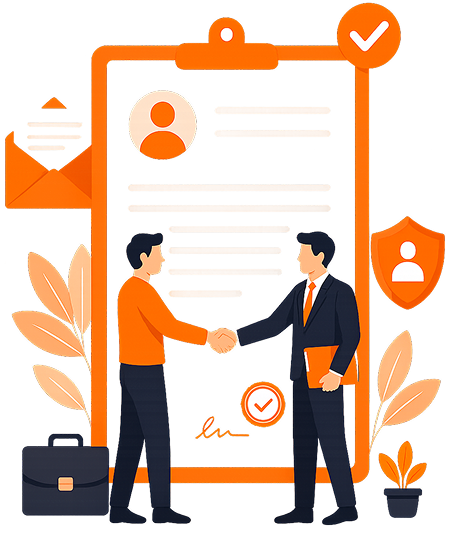 3D illustration of an employer shaking hands with a candidate in front of a signed offer letter document clipboard with envelope and security shield icons