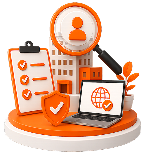 Illustration of a user avatar icon above a multi-story office building, magnifying glass, laptop with a global checkmark, shield badge, and checklist clipboard