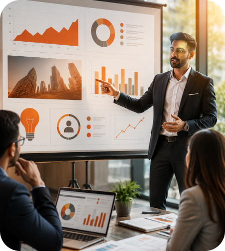 Business presenter showing strategic pitch deck slides with financial charts and market analytics to corporate investors on a projection screen