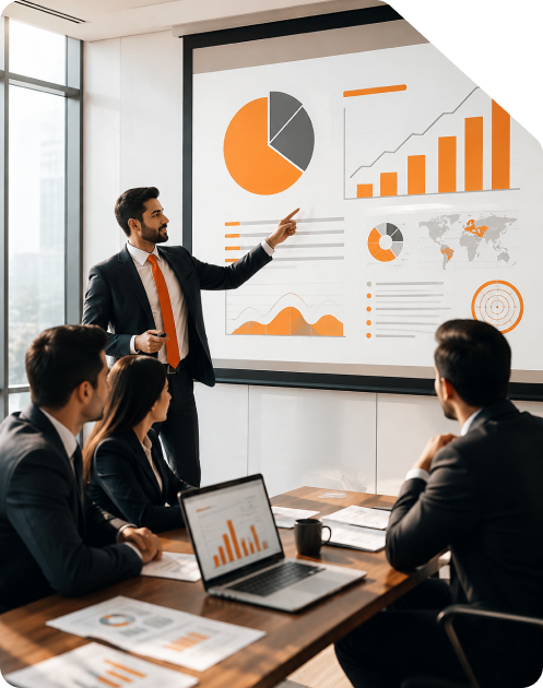 Business consultant presenting financial growth strategy charts on a projection screen to investors in a conference room