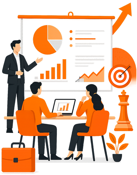 Business team discussing financial charts and growth strategy slides on a projection screen with target icon and chess piece overlay