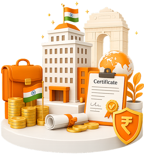 3D illustration of an orange briefcase with an Indian flag badge, gold coins, legal certificate clipboard, orange globe, rupee shield, and corporate building topped with the Indian flag
