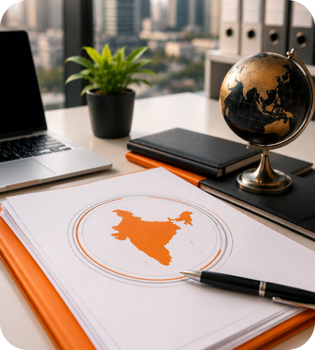 Printed India map document with orange highlight on an office desk alongside a laptop, pen, notebook, and mini desk globe
