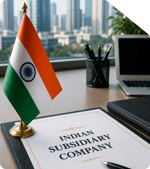 Indian tricolor flag desk stand and official Indian Subsidiary Company legal registration folder on an executive corporate desk overlooking city office buildings