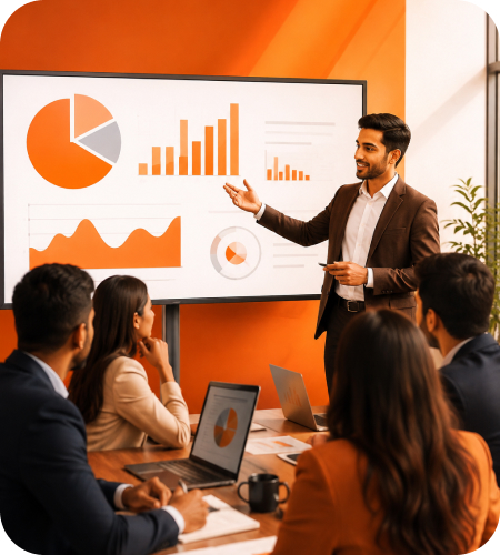 Corporate presenter in a suit pointing at a projection screen with orange pie and bar charts while delivering a presentation to colleagues in a conference room
