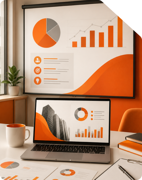 Laptop screen displaying business analytics charts alongside a wall projection screen with pie chart graphics, office desk setup, coffee mug, and printed documents