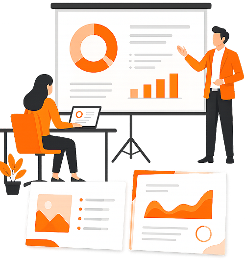 Illustration of a presenter in an orange jacket pointing at a projection screen with a donut chart and bar graph alongside a colleague working on a laptop with presentation slides