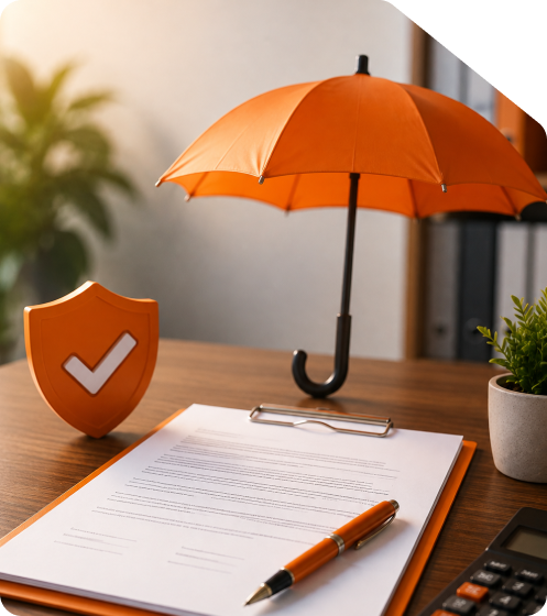 Legal contract document on a clipboard with a pen, orange protection umbrella, security shield badge, and calculator on an office desk